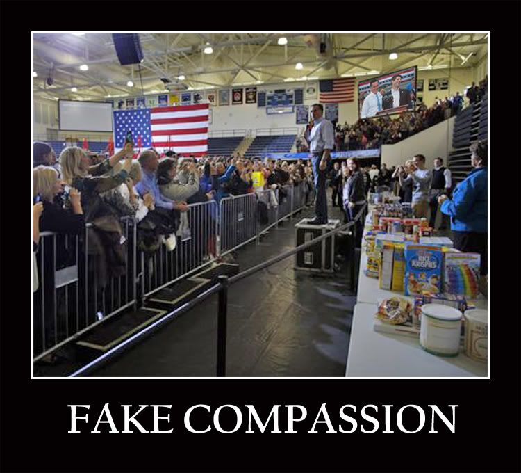Fake Compassion, Mitt Romney's Victory Campaign event - Fake disaster relief event. Note campaign videos playing in background, Romney campaign bought the 
