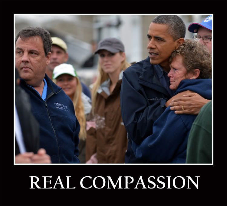 Real Compassion, President Obama comforts Hurricane Sandy victim while touring the devastation with Gov. of N.J. Chris Christie