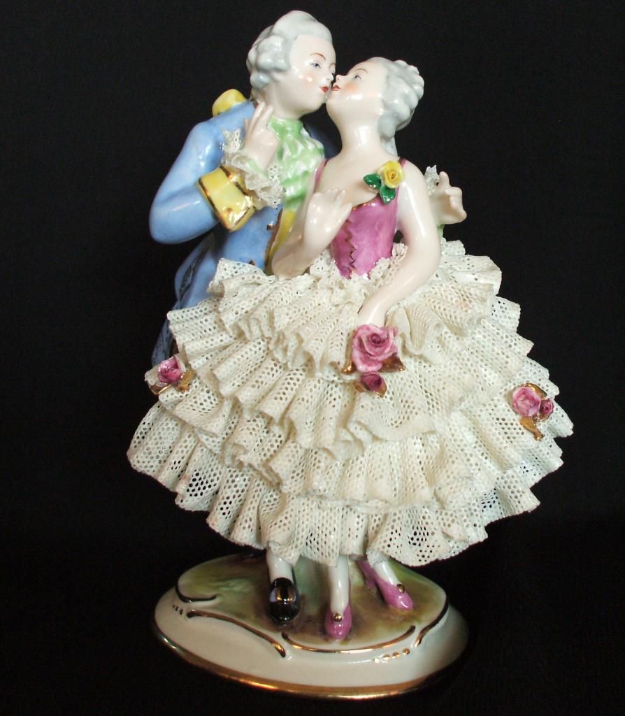 Rare Antique German Dresden Lace Kissing Victorian Lady Gent Couple