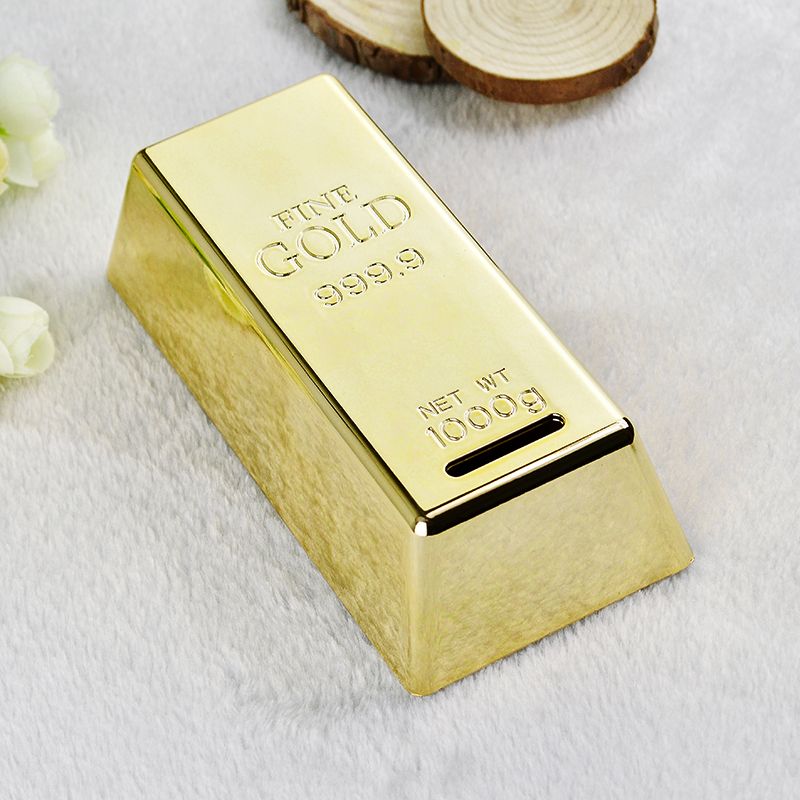 Novelty Gold Bar Brick Piggy Bank Money Saving Box Notes Change Coins