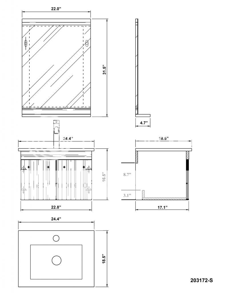 25" Bellaterra Home 203172 s Modern Wall Mount Black Bathroom Vanity Cabinet